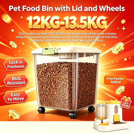 Conteneur de stockage mobile pour nourriture pour animaux avec couvercle hermétique – Bac alimentaire transparent sur roulettes pour croquettes pour chiens et chats, riz et farine, 3 options de capacité de 2,5 à 15 kg, écuelle incluse