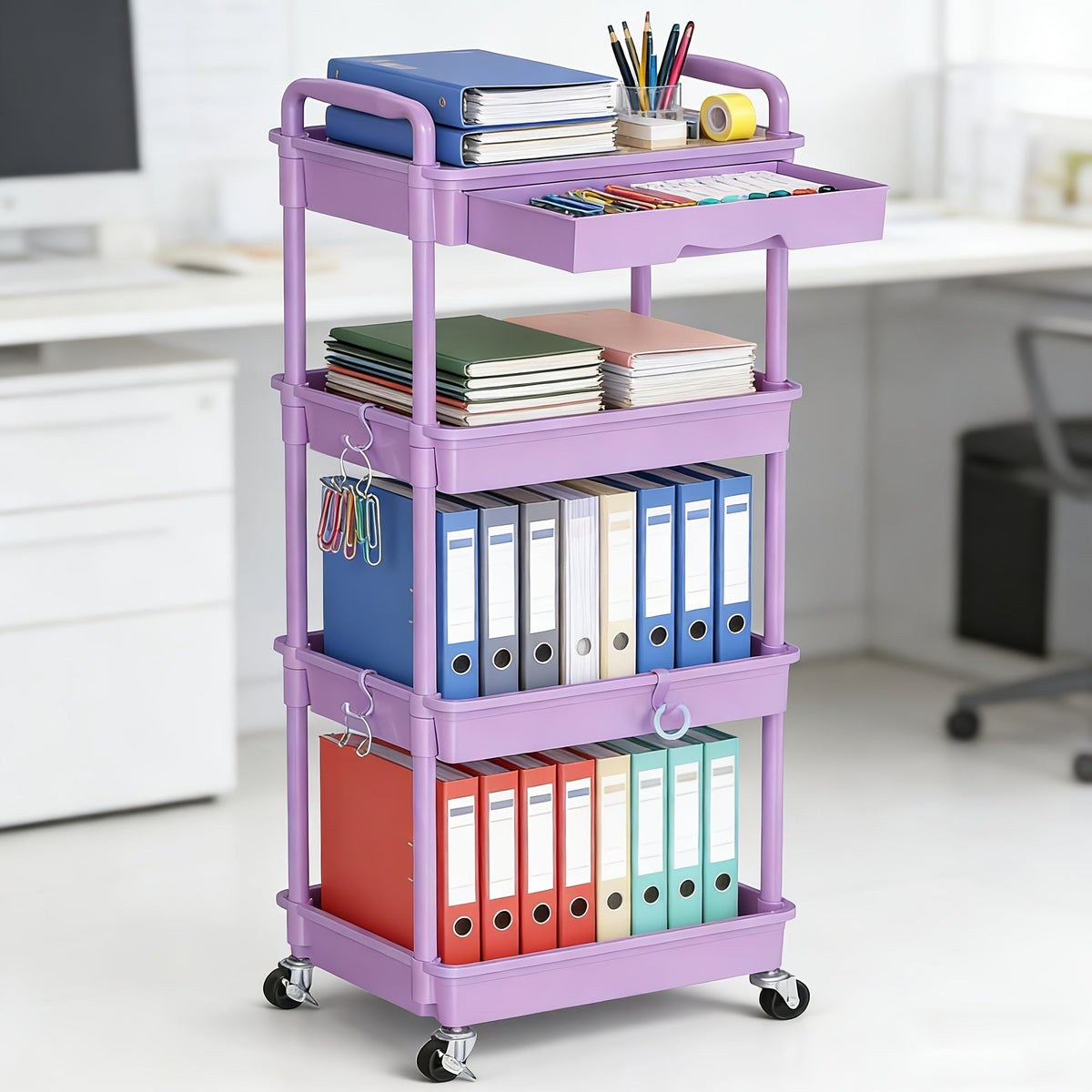 Desserte de rangement à roulettes 3 et 4 niveaux avec tiroir et roues verrouillables – Étagère de rangement multifonctionnelle en plastique pour cuisine, salle de bain, salon, bureau – 7 couleurs