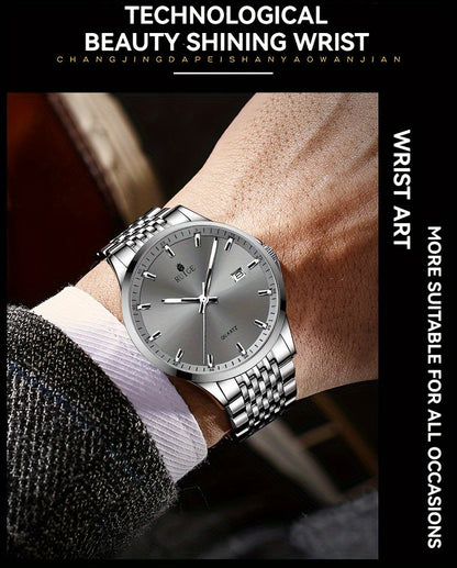 Montre à quartz de luxe pour homme RUIGE en acier inoxydable avec calendrier, fonction nocturne et strass - Montre sport, habillée et décontractée pour homme, cadeau pour lui