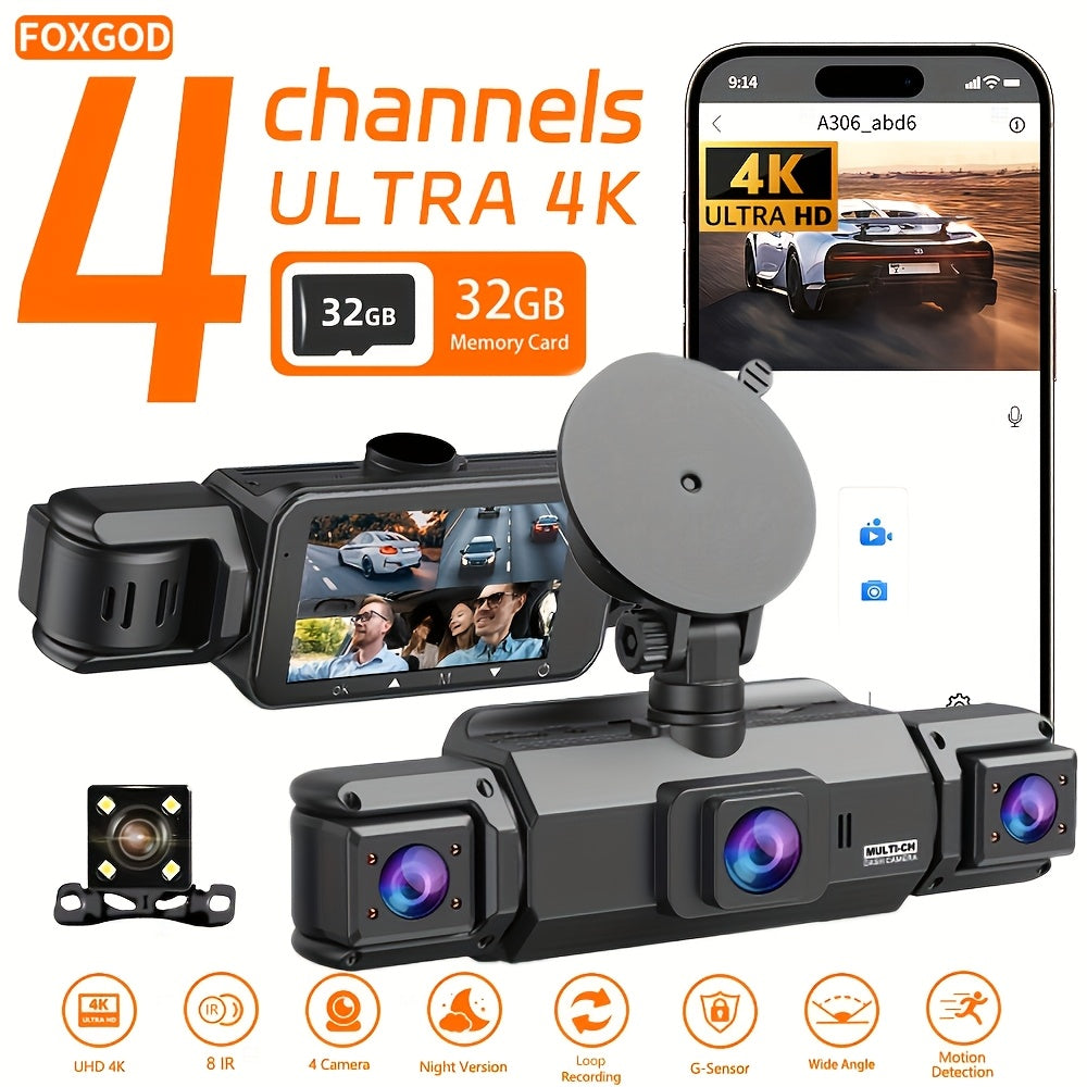 Dashcam 4K avec caméra rotative 360° à 4 canaux, carte SD 32 Go offerte, vision nocturne, enregistrement en boucle 24h/24, moniteur de stationnement, caméras avant 4K et latérales/arrière 1080p, pour tous véhicules