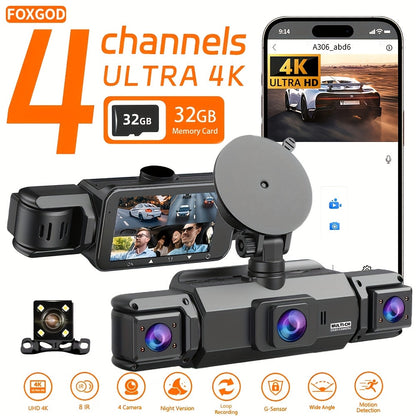 Dashcam 4K avec caméra rotative 360° à 4 canaux, carte SD 32 Go offerte, vision nocturne, enregistrement en boucle 24h/24, moniteur de stationnement, caméras avant 4K et latérales/arrière 1080p, pour tous véhicules
