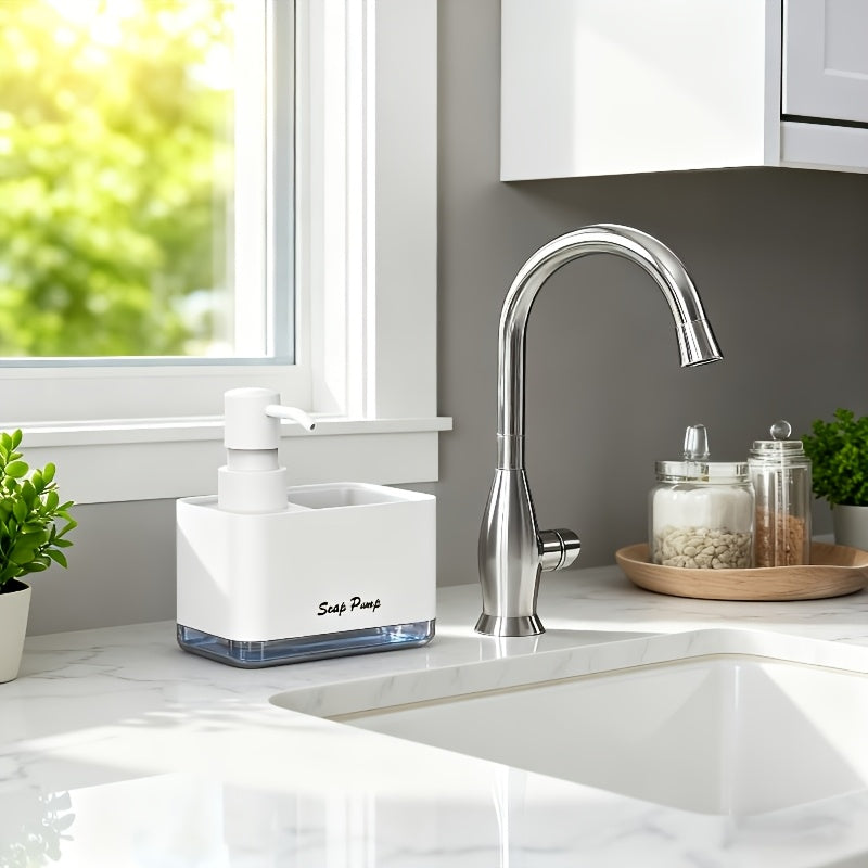 Distributeur de savon 2-en-1 avec porte-éponge intégré pour évier de cuisine – Distributeur à pompe pour comptoir pour savon à mains et vaisselle, distributeur de détergent, recharge facile, organisateur de cuisine idéal