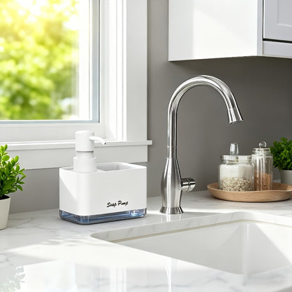 Distributeur de savon 2-en-1 avec porte-éponge intégré pour évier de cuisine – Distributeur à pompe pour comptoir pour savon à mains et vaisselle, distributeur de détergent, recharge facile, organisateur de cuisine idéal