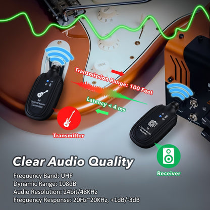 Système sans fil pour guitare A8 avec émetteur et récepteur rechargeables intégrés – Audio stéréo, chargement USB, compatible avec guitare électrique, basse et violon, fonctionne avec les amplificateurs