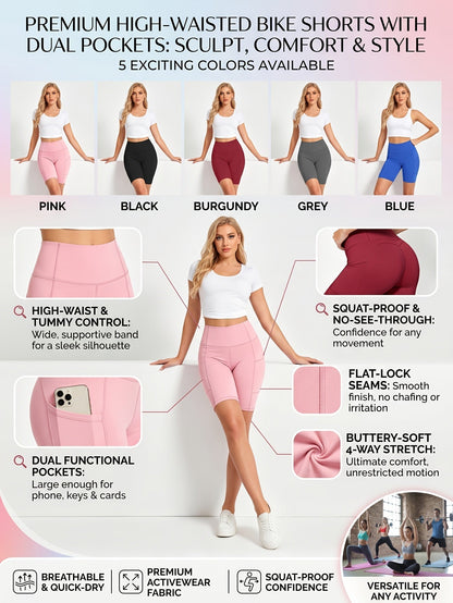 Lot de 5 shorts de cyclisme taille haute pour femme avec poches – Shorts de sport pour yoga, gym et running, tissu polyester extensible, tailles M à XXL, ensemble aux couleurs variées pour femmes actives