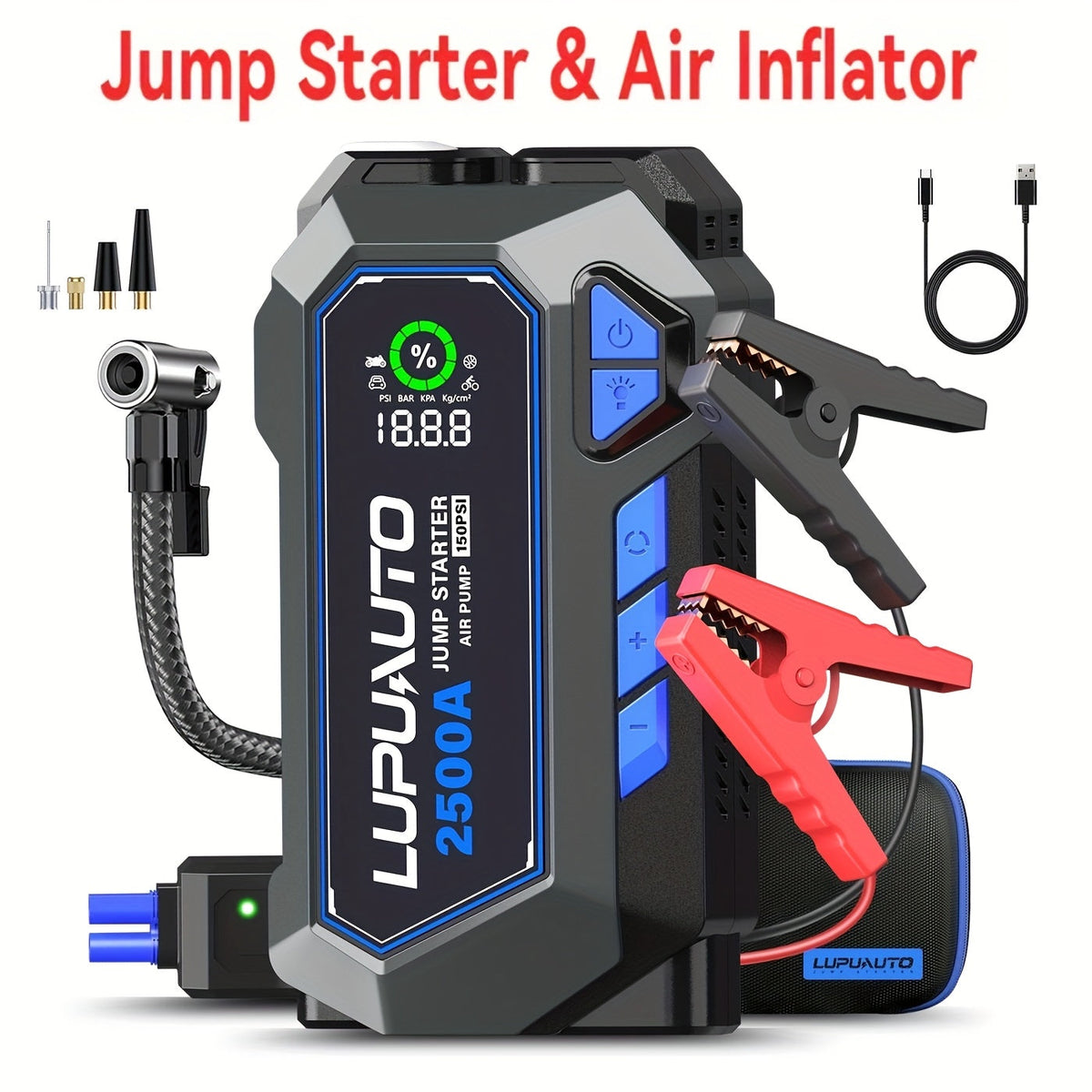 Démarreur de batterie LupuAuto avec compresseur d'air, 2500 A en crête, gonfleur de pneus portable 150 PSI – Double cylindre, gonflage 2x plus rapide, batterie externe USB-C, lampe de poche LED pour voitures, SUV, camions et motos