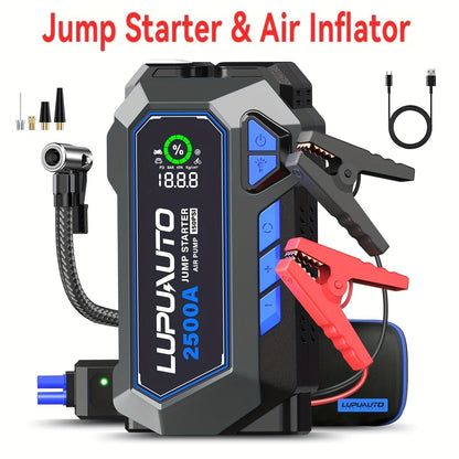 Démarreur de batterie LupuAuto avec compresseur d'air, 2500 A en crête, gonfleur de pneus portable 150 PSI – Double cylindre, gonflage 2x plus rapide, batterie externe USB-C, lampe de poche LED pour voitures, SUV, camions et motos