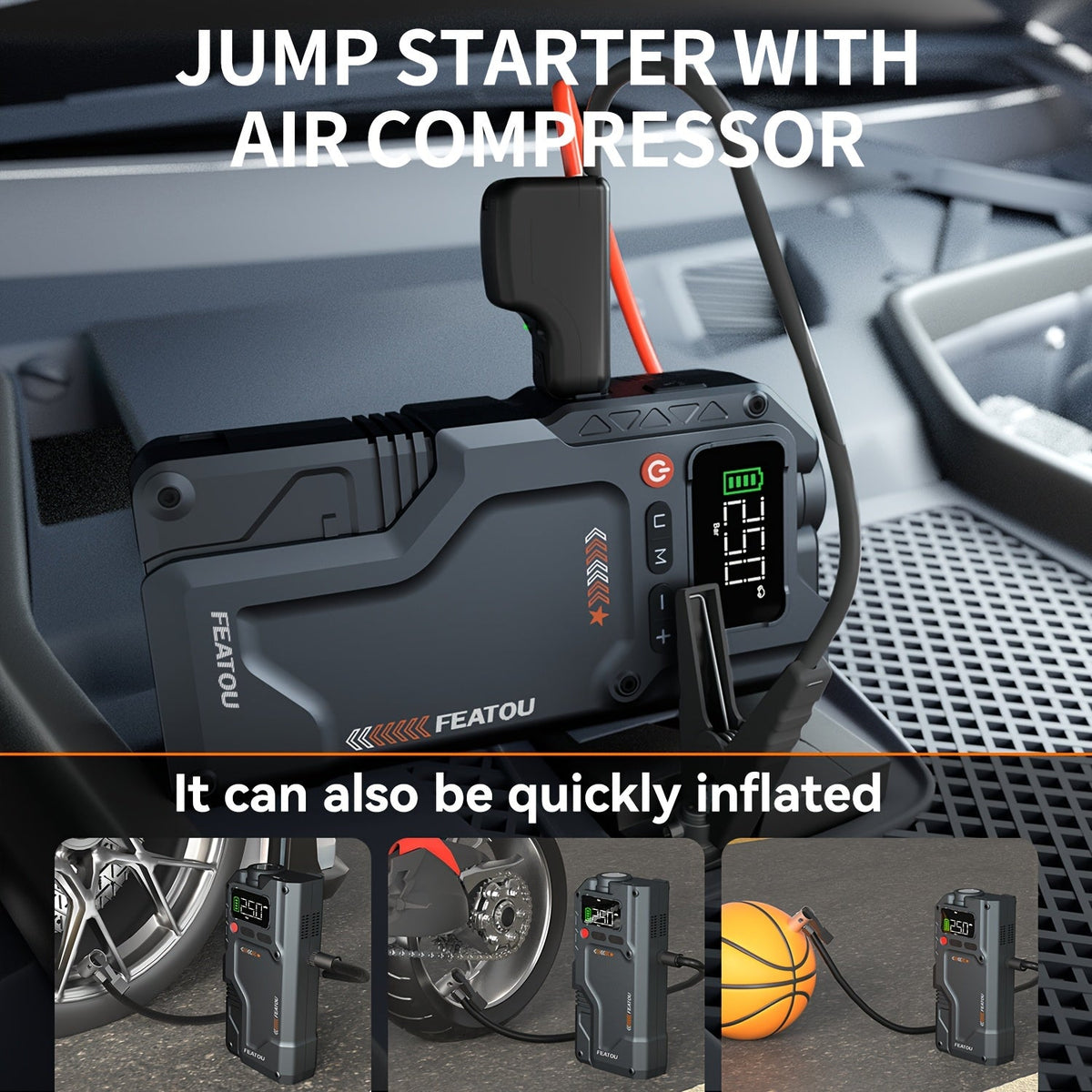 Démarreur portable 6000 A/9000 A avec compresseur d'air 150 PSI – Boîtier de démarrage 7-en-1 avec gonfleur de pneus numérique et batterie externe pour moteurs à essence (10 L) et diesel (9,0 L), démarreur de voiture avec ports USB