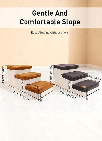 Escalier pliable pour petits chiens à 3 marches – Rampe pour animaux en nylon antidérapant pour lits et canapés surélevés, design pliable compact, marron et blanc, inclut une peluche en forme de patte de poulet en bonus