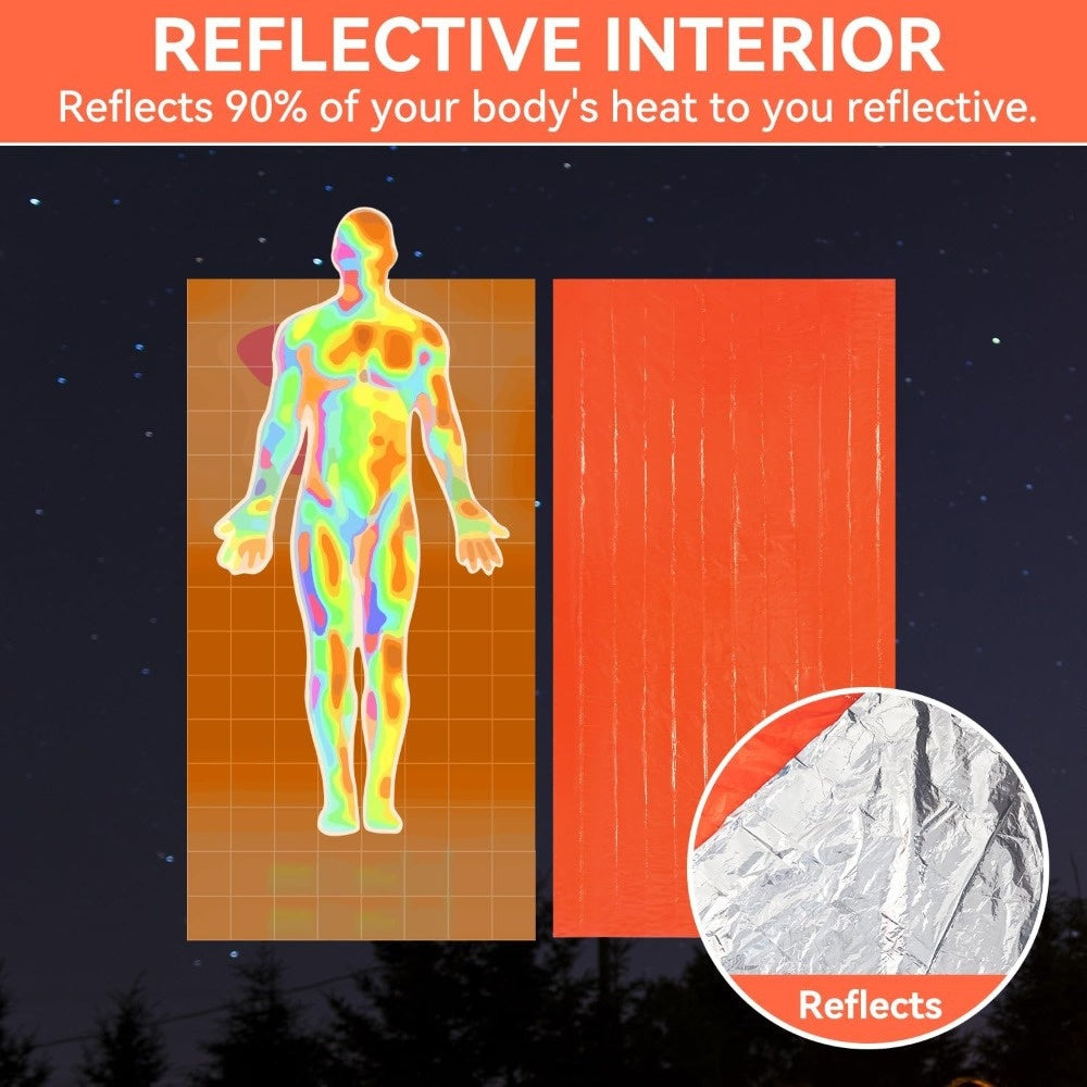 Kit de 4 sacs de couchage d'urgence en Mylar – 2 sacs de couchage thermiques de survie + 2 sifflets, abri portable léger pour le camping, la randonnée, le trekking, la survie en plein air et les urgences