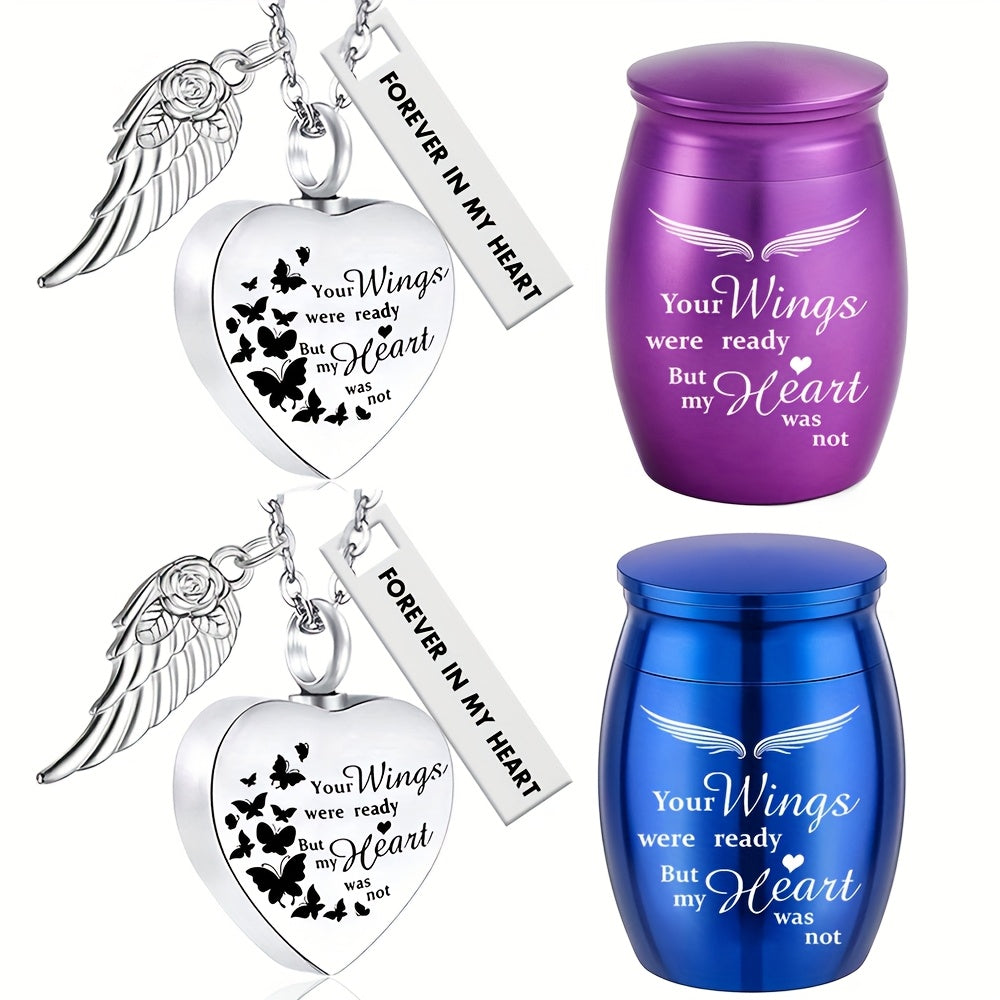 Lot de 2 colliers urnes funéraires en forme de cœur – Bijoux souvenir pour cendres humaines et d'animaux, pendentif porte-cendres commémoratif, « Tes ailes étaient prêtes, mais mon cœur ne l’était pas »