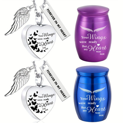 Lot de 2 colliers urnes funéraires en forme de cœur – Bijoux souvenir pour cendres humaines et d'animaux, pendentif porte-cendres commémoratif, « Tes ailes étaient prêtes, mais mon cœur ne l’était pas »