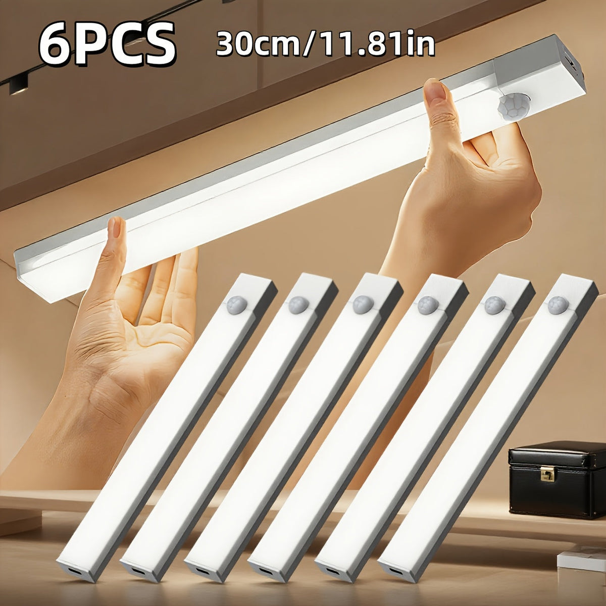 Lot de 3 et 6 éclairages LED pour placards avec détecteur de mouvement et recharge USB-C – Veilleuse magnétique sans fil sous meuble avec 3 modes pour cuisine, placard, escaliers, couloir et salle de bain, 10 cm/20 cm/30 cm