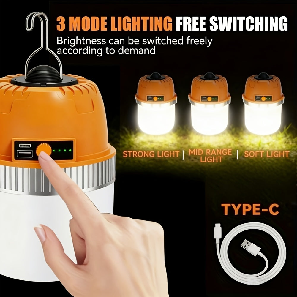 Lanterne de camping LED rechargeable par USB avec batterie externe intégrée, lampe de tente portable ultra-lumineuse pour camping, barbecue, terrasse, extérieur et urgences, recharge les téléphones portables, design autoportant et suspendu