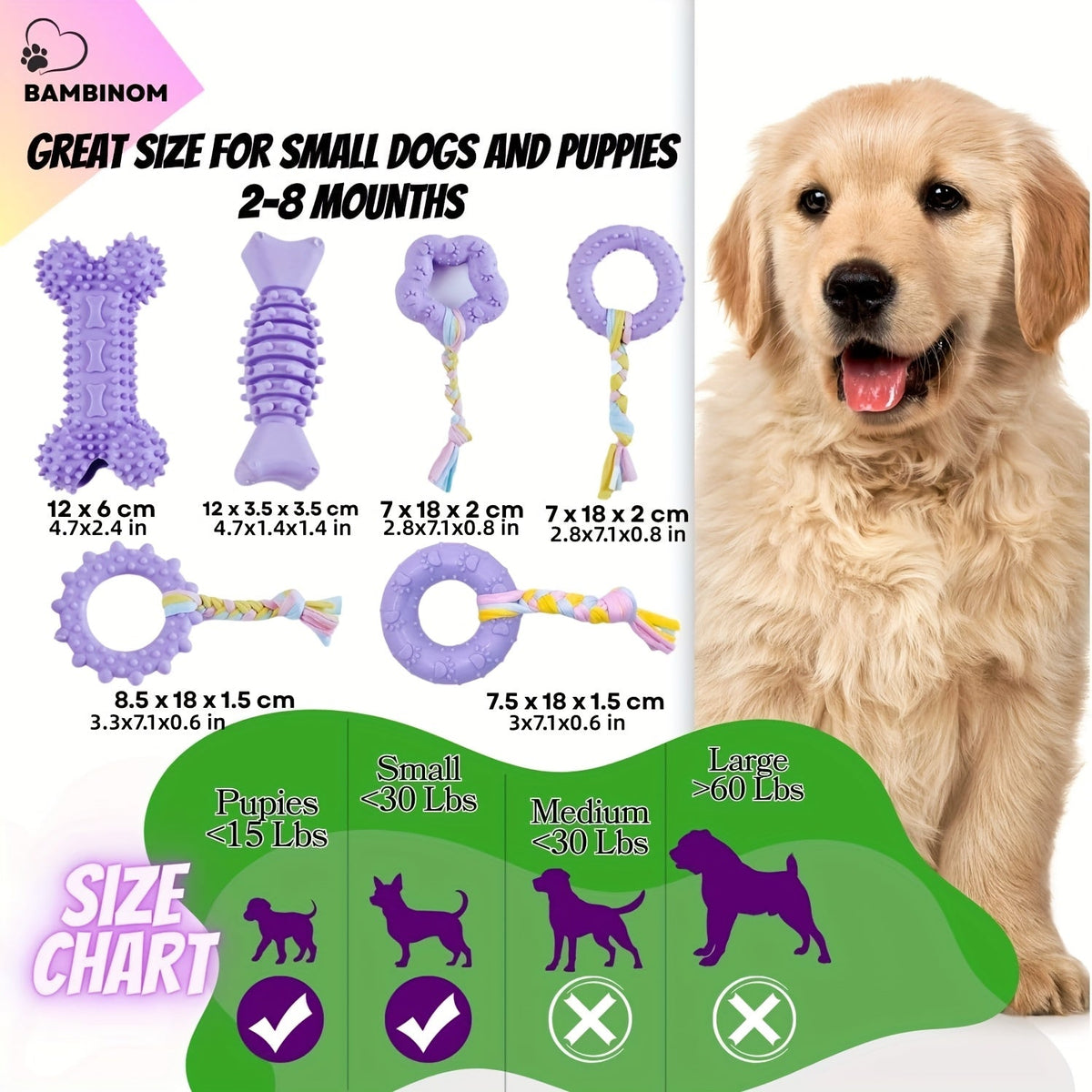 Jouets à mâcher souples en caoutchouc pour chien, lot de 6 – Jouets de dentition pour petits chiens, ensemble interactif de nettoyage des dents, 4 couleurs : violet, vert, bleu, rose