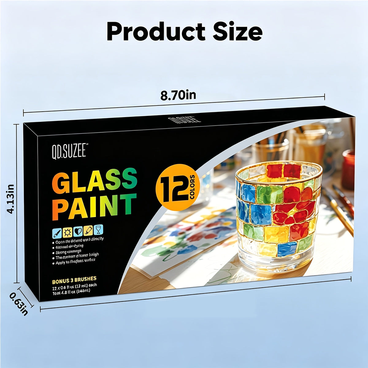 Kit de peinture sur verre, 12 couleurs acryliques non toxiques pour verre, vitraux, verres à vin, fenêtres et tasses en céramique, certifié ASTM, sans odeur, avec 3 pinceaux, pour adultes, artistes et débutants