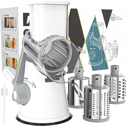 Râpe à fromage rotative manuelle avec 3 lames interchangeables - Base à ventouse antidérapante, brosse de nettoyage incluse, pour fromage frais, légumes et noix, cadeau d'ustensile de cuisine