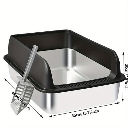 Bac à litière pour chat en acier inoxydable à bords hauts, bac anti-fuites avec pelle et plateau de tamisage, résistant à la rouille, anti-odeurs, anti-adhésif, facile à nettoyer, toilettes pour chats d'intérieur, taille moyenne à grande