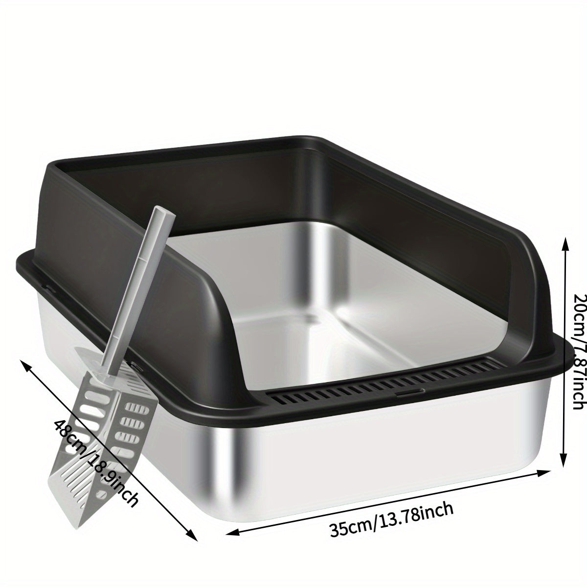 Bac à litière pour chat en acier inoxydable à bords hauts, bac anti-fuites avec pelle et plateau de tamisage, résistant à la rouille, anti-odeurs, anti-adhésif, facile à nettoyer, toilettes pour chats d'intérieur, taille moyenne à grande