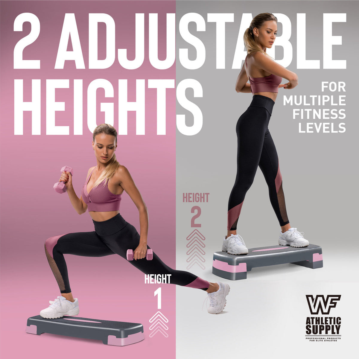 Ensemble de stepper d'aérobic à hauteur réglable avec 2 haltères et ruban à mesurer – Plateforme d'exercice antidérapante, rehausseurs de 10 à 15 cm, capacité de 250 kg, entraînement en salle de sport à domicile – Rose/gris, bleu et vert