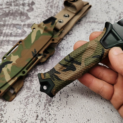 Couteau à lame fixe pour extérieur – Lame droite en acier inoxydable, manche antidérapant, étui type K, couteau EDC pour chasse, pêche, camping, survie, camouflage, outil de terrain polyvalent pour hommes