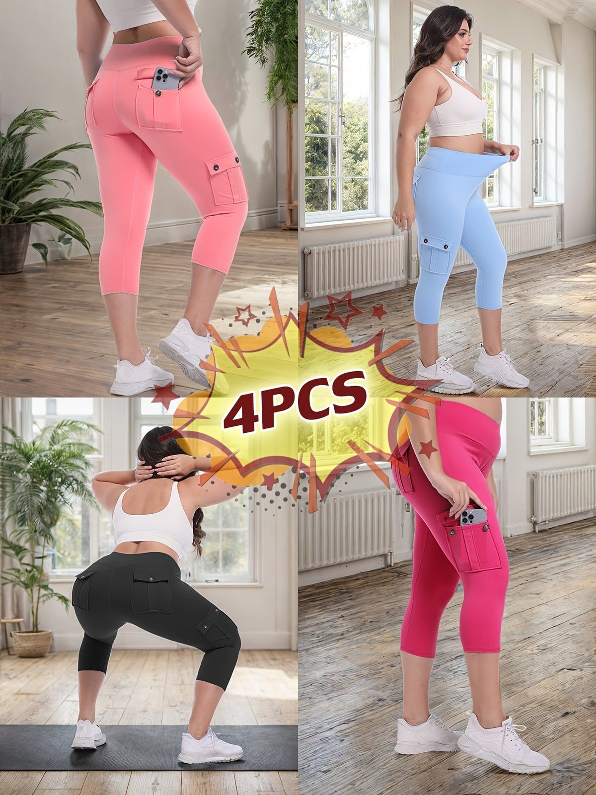 Lot de 4 pantalons de yoga Capri taille haute pour femmes, extensible dans les 4 sens, galbant, gainant, 4 poches - Leggings de sport pour la course, S-XXL, toutes saisons