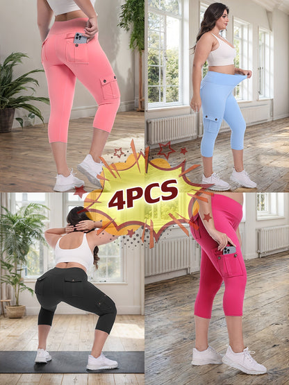 Lot de 4 pantalons de yoga Capri taille haute pour femmes, extensible dans les 4 sens, galbant, gainant, 4 poches - Leggings de sport pour la course, S-XXL, toutes saisons