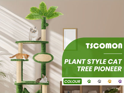 Arbre à chat de 140 cm pour chats d'intérieur avec feuilles vertes – Grande tour à chat multi-niveaux avec hamac, poteaux à griffer en sisal, jouet à suspendre, mobilier pour chat pour salon et chambre