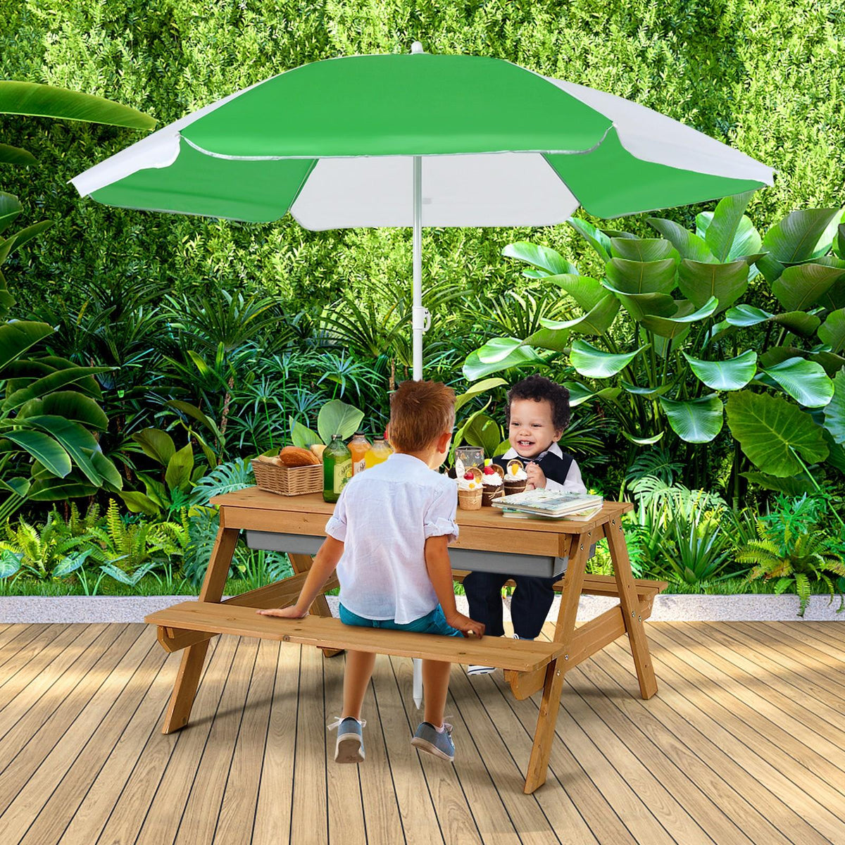 Table de pique-nique 3-en-1 pour enfants COSTWAY avec parasol réglable – Table d'activités en bois pour sable et eau, plateau amovible, capacité de 50 kg, ensemble de jeu intérieur et extérieur pour jardin et cour, naturel