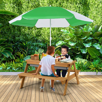 Table de pique-nique 3-en-1 pour enfants COSTWAY avec parasol réglable – Table d'activités en bois pour sable et eau, plateau amovible, capacité de 50 kg, ensemble de jeu intérieur et extérieur pour jardin et cour, naturel