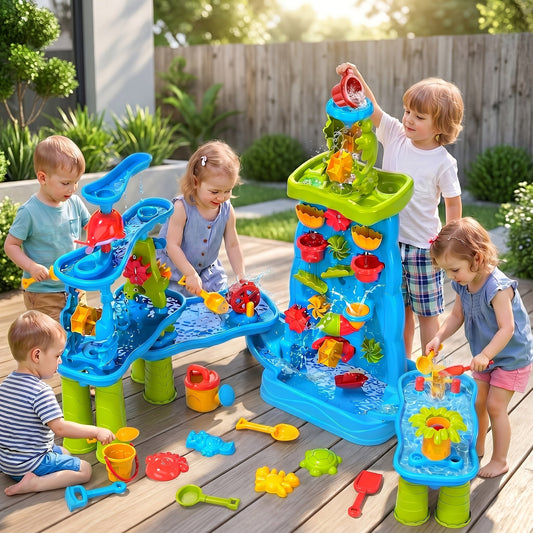 Table de jeu double face eau et sable pour enfants avec mur de labyrinthe à cascade – Table de jeu sensoriel d'extérieur pour tout-petits, garçons et filles – Station d'activité estivale de plage pour le jardin, la terrasse et la piscine