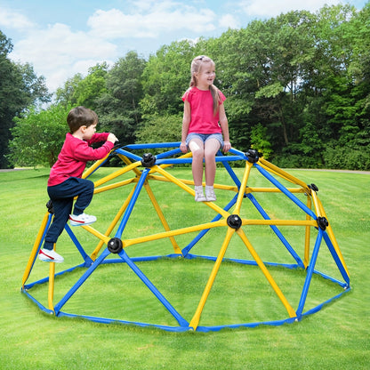 Dôme d'escalade d'extérieur de 6 pieds pour enfants, structure de jeu de jardin avec cadre en acier inoxydable résistant aux intempéries, capacité de 600 lb, centre d'activités sécurisé, cadeau pour garçons et filles de 3 à 10 ans, jaune et bleu