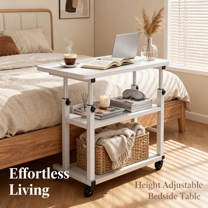 Bureau de lit roulant réglable en hauteur de 58 à 89 cm avec étagère de rangement et roulettes multidirectionnelles pour chambre à coucher, bureau ou ordinateur portable