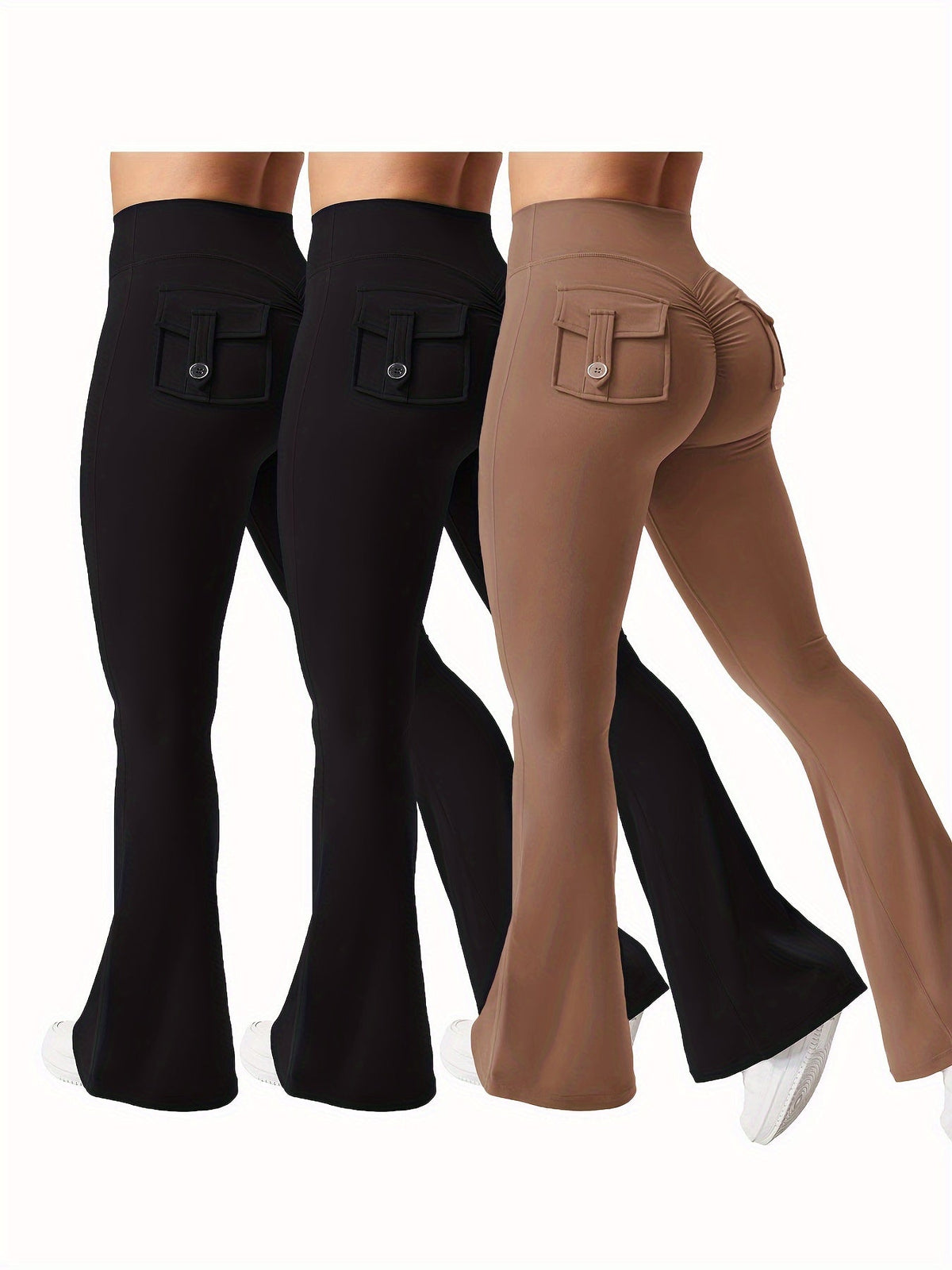 Ensemble 3 pièces pour femme : pantalon de yoga évasé à taille haute avec ceinture et poches, legging galbant effet push-up, squat-proof, 90 % polyester extensible, coupe évasée pour le sport, la gym, la course et le quotidien