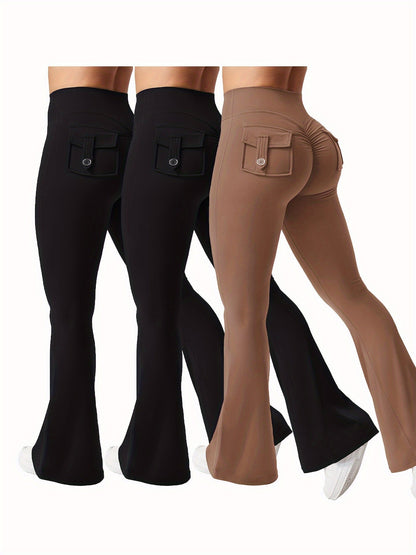Ensemble 3 pièces pour femme : pantalon de yoga évasé à taille haute avec ceinture et poches, legging galbant effet push-up, squat-proof, 90 % polyester extensible, coupe évasée pour le sport, la gym, la course et le quotidien