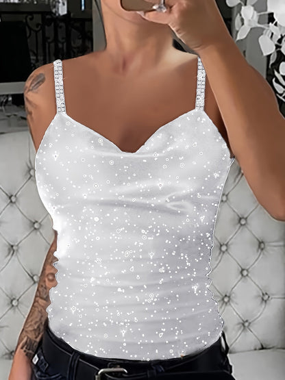 Women's Sequin Rhinestone Strap Cami Top Sexy V-Neck Sleeveless Tank Top Glam Party Night Out Going Out Tops Spring Summer Fall S M L XL XXL
