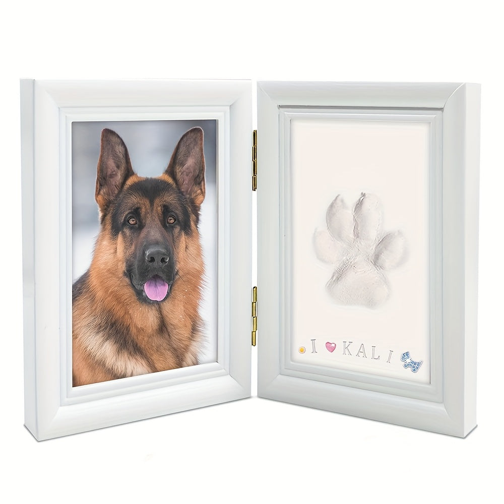 Cadre photo pour empreinte de patte d'animal avec kit de moulage en argile - Cadre souvenir pliable à poser pour chiens et chats, cadeau personnalisé pour premier anniversaire ou hommage après la perte d'un animal (Blanc/Noir/Bois)