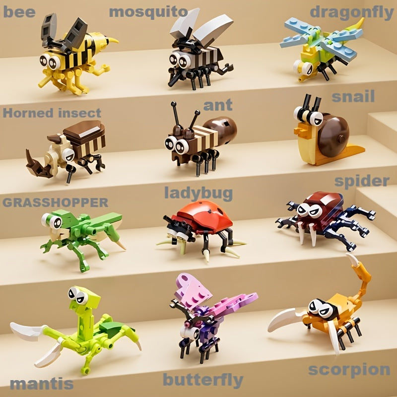 Ensemble de 12 mini jeux de construction d'animaux et d'insectes pour enfants - Briques emboîtables à petites particules avec modèles d'animaux à assembler soi-même, jouet de construction STIM, cadeau d'anniversaire et activité de classe