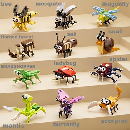 Ensemble de 12 mini jeux de construction d'animaux et d'insectes pour enfants - Briques emboîtables à petites particules avec modèles d'animaux à assembler soi-même, jouet de construction STIM, cadeau d'anniversaire et activité de classe