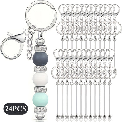 Kit de porte-clés à perler en acier inoxydable – 12 et 24 pièces, pendentifs en métal avec breloques pour loisirs créatifs, cadeaux de Noël et d'Halloween, doré, argenté et or rose