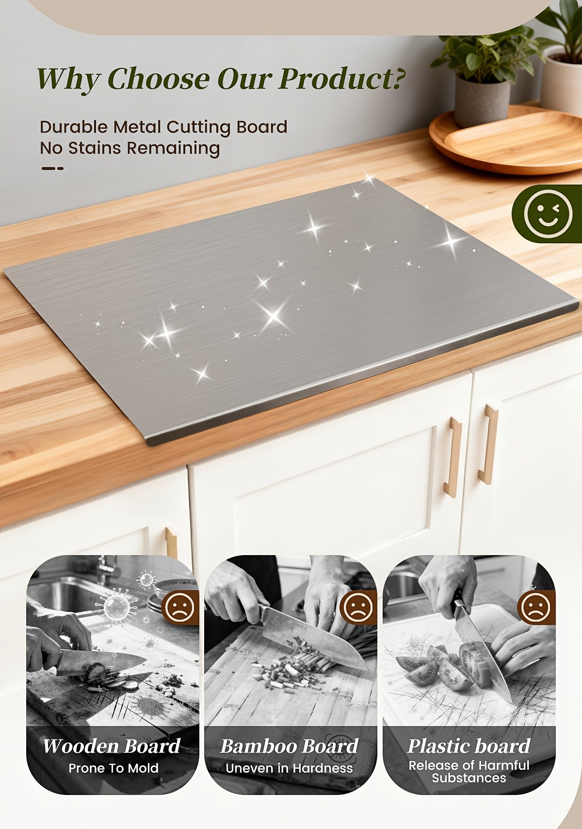 Planche à découper en acier inoxydable 304 – Billot de cuisine antirouille, facile à nettoyer, disponible en 3 tailles (40 cm × 30 cm, 50 cm × 40 cm, 60 cm × 40 cm)