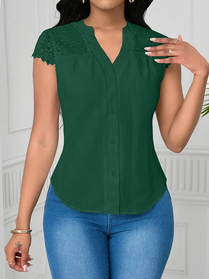 Women's Elegant Lace Patchwork Blouse – V-Neck Striped Semi-Sheer Woven Top for Summer, Casual & Weekend Wear