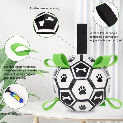Jouet pour chien en forme de ballon de football avec sangles – Jouet durable pour jeux de traction et jeux d'eau pour chiens de petite et moyenne taille, inclut un embout de gonflage, cadeau idéal pour les chiots à Noël et pour les anniversaires