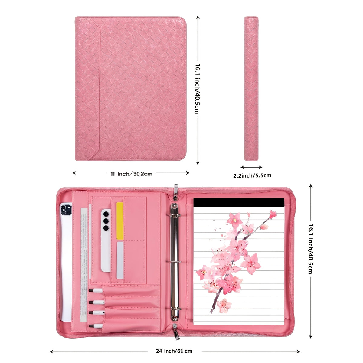 Classeur à anneaux avec fermeture éclair en cuir vegan, format A4, avec pochette pour ordinateur portable, organisateur de travail pour femmes et hommes