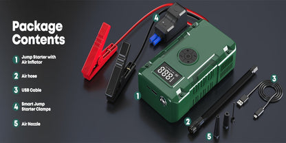 Démarreur de batterie 10000A 7-en-1 avec compresseur d'air 150PSI – Booster de batterie portable pour moteurs essence et diesel, pompe haute pression, kit d'urgence pour véhicule, batterie externe
