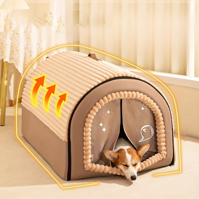 Niche pour chien pliable 2-en-1 toutes saisons – Maison pour animaux entièrement fermée avec poignée, nid douillet, doux et antidérapant, lavable pour chiens et chats de grande, moyenne et petite taille – Bavoir offert – Velora