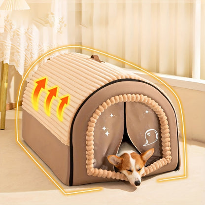 Niche pour chien pliable 2-en-1 toutes saisons – Maison pour animaux entièrement fermée avec poignée, nid douillet, doux et antidérapant, lavable pour chiens et chats de grande, moyenne et petite taille – Bavoir offert – Velora