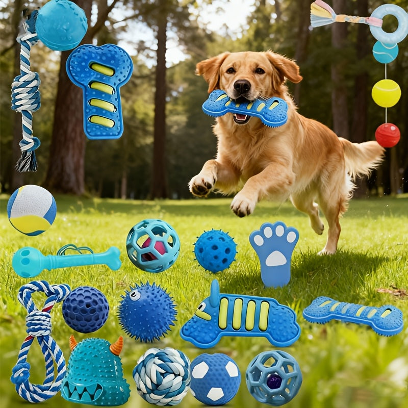 Ensemble de 7 jouets à mâcher pour petit chien, série bleue – Jouets pour animaux durables et résistants, assortiment de jouets grinçants et texturés pour les dents, l'ennui et le jeu interactif, styles aléatoires