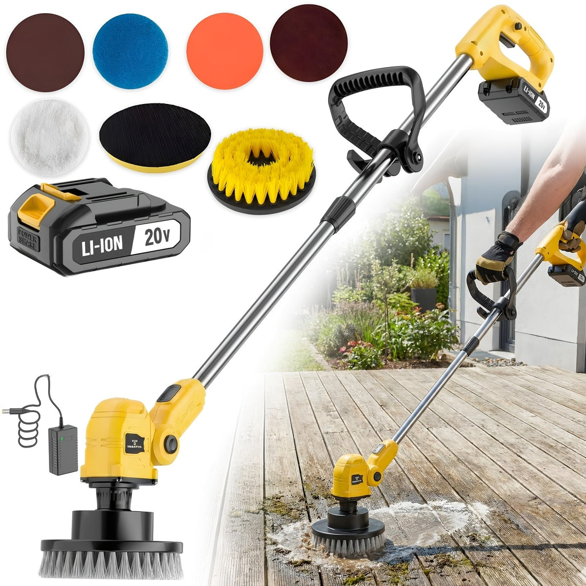Nettoyeur de sol électrique rotatif sans fil avec manche télescopique - 2 têtes de brosse, 4 patins de lavage, balai rotatif sans fil pour sols de cuisine, salle de bain, balcon et salon