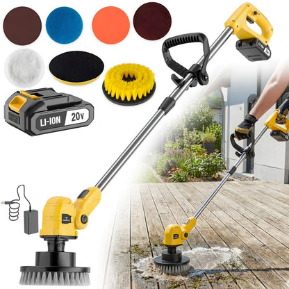Nettoyeur de sol électrique rotatif sans fil avec manche télescopique - 2 têtes de brosse, 4 patins de lavage, balai rotatif sans fil pour sols de cuisine, salle de bain, balcon et salon
